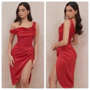 House of CB Red Lulu Corset One-Shoulder Satin Midi Dress - Size L+/XL